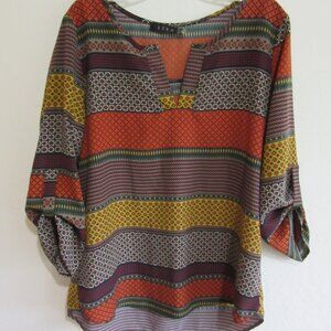 EZRA Multicolor Geometric M Oversized Pullover V-Neck Roll Tab Sleeves Tunic